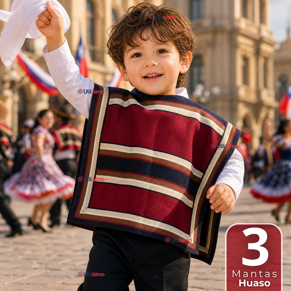Pack 3 Mantas Poncho Huaso Niño Juvenil Baile Cueca Fiestas Patrias