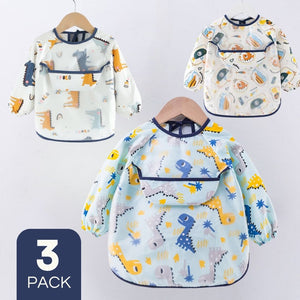 Pack 3 Babero Delantal Impermeable Premium Con Mangas Larga Para Bebe Y Niño