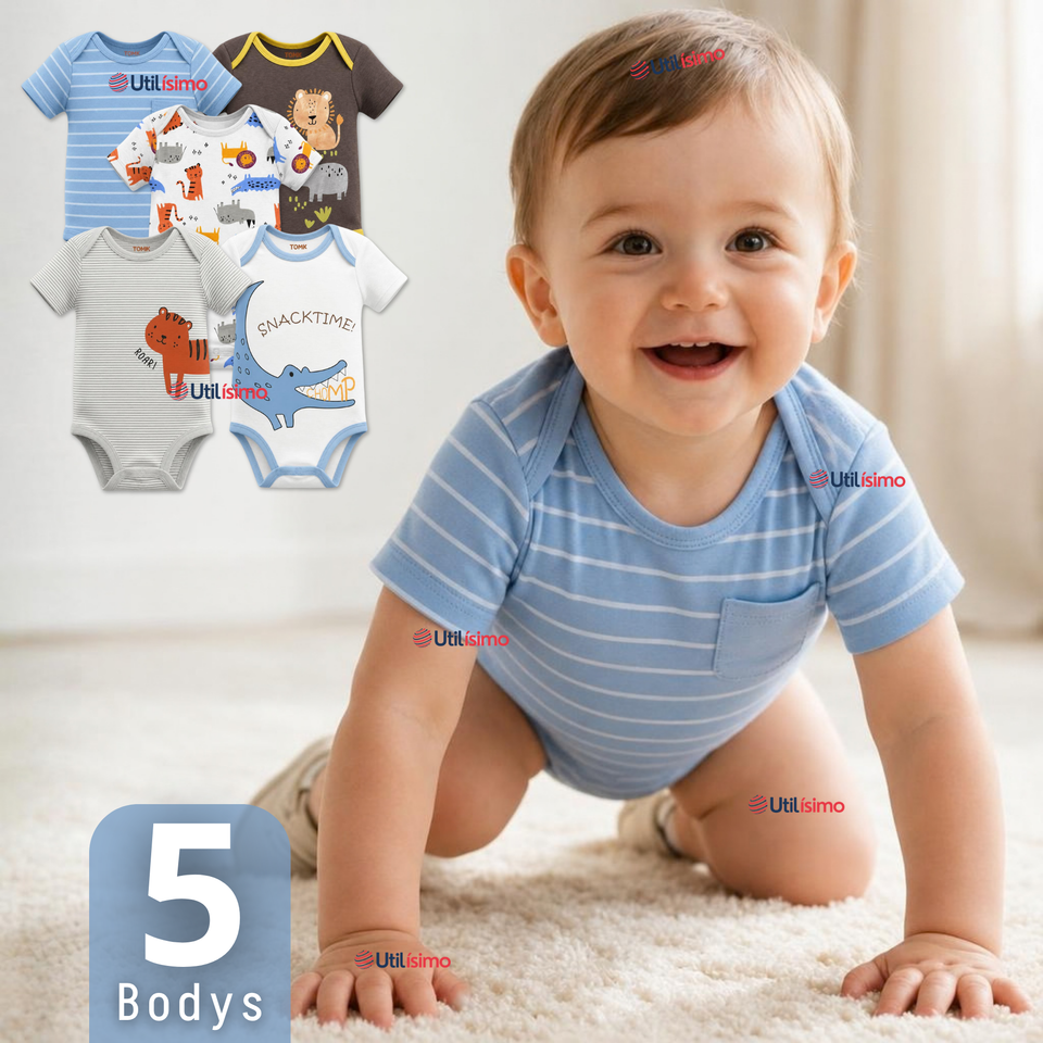 Pack 5 Bodys Manga Corta %100 Algodón Tedmimak Niño Jungle Crew
