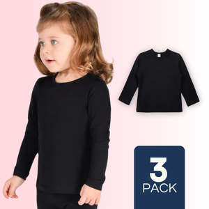 Pack 3 Camisetas Algodón Manga Larga Polera Niña Primera Capa Cuello Redondo Negra