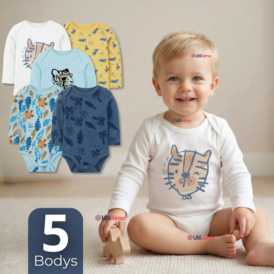 Pack 5 Bodys Manga Larga 100% Algodón Bebé Niño Wild Tiger