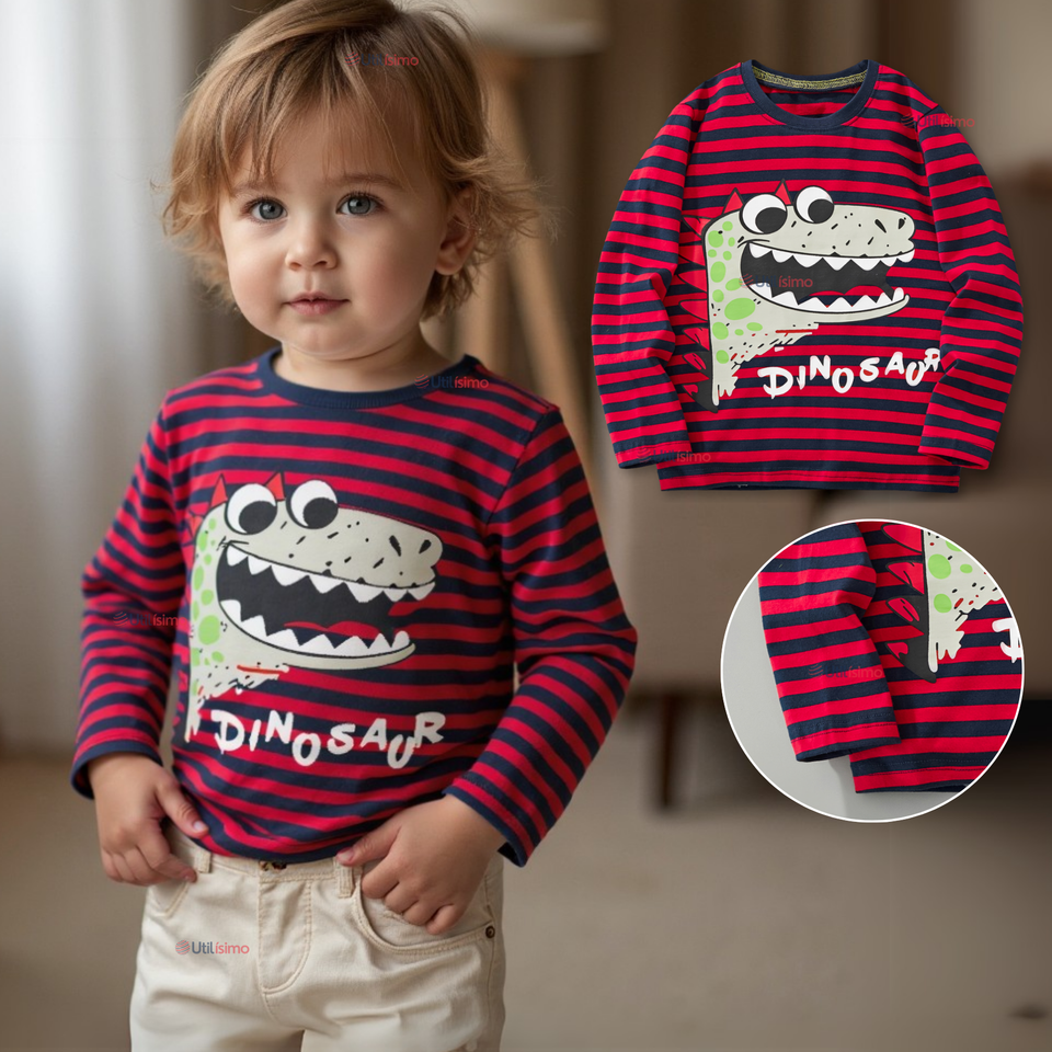 Polera Manga Larga Niño 100% Algodón Dinosaurio Rojo Camiseta