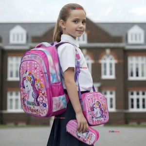 Mochila Bolso Escolar Diseño 3D + Estuche + Lonchera 40Cm Niña Tela Oxford Unicorn Love