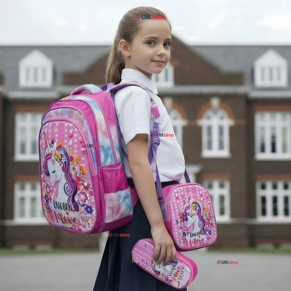 Mochila Bolso Escolar Diseño 3D + Estuche + Lonchera 40Cm Niña Tela Oxford Unicorn Love