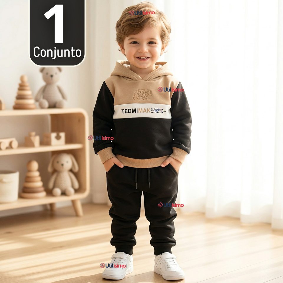 Conjunto 2 Piezas Buzo Pantalón Y Polerón Con Capucha Negro Niño