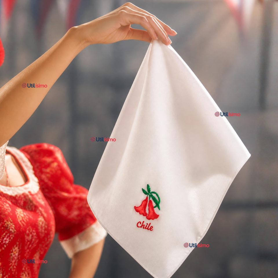 Pañuelo Baile Cueca 28cm Bordado Flor Copihue Algodón Fiestas Patrias