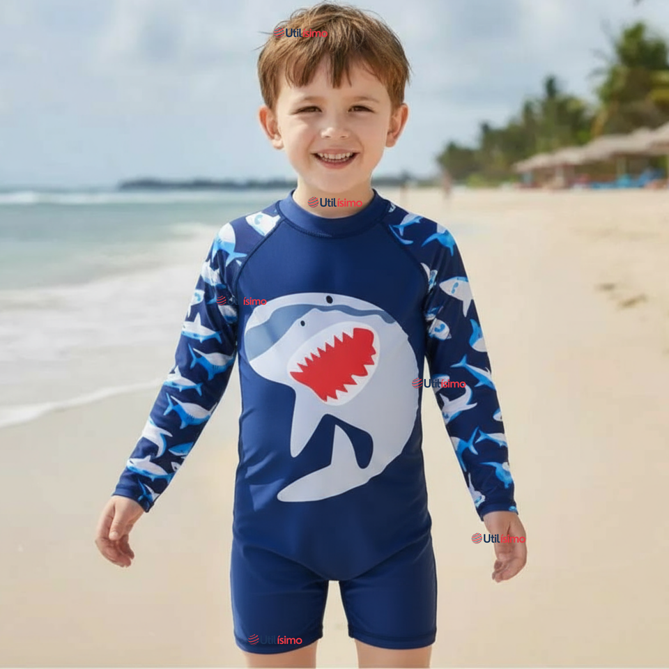 Traje de Baño Enterito Con Cremallera Manga Larga Niño 2 a 6 años Blue Shark