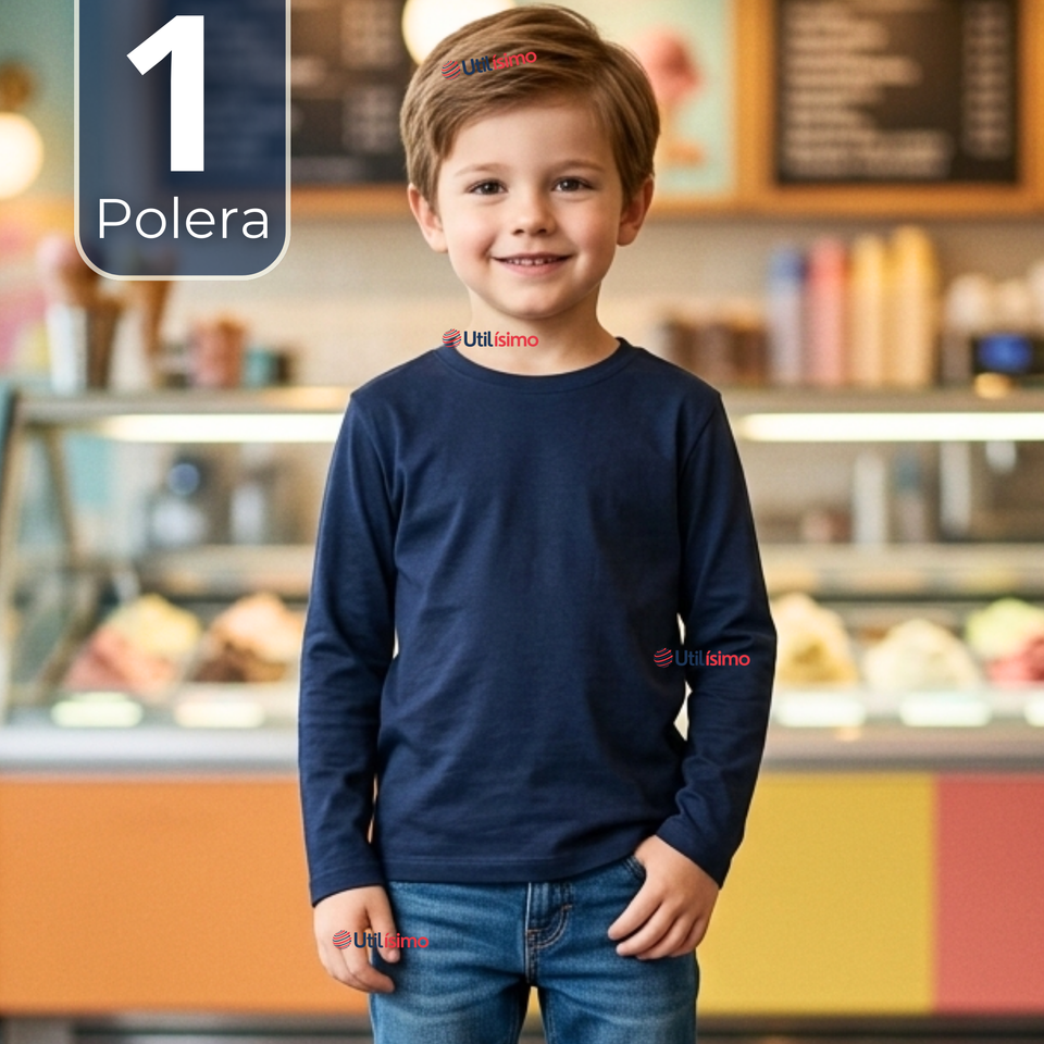 Polera Camiseta Bambú Azul Oscuro Cuello Redondo Primera Capa Manga Larga Niño