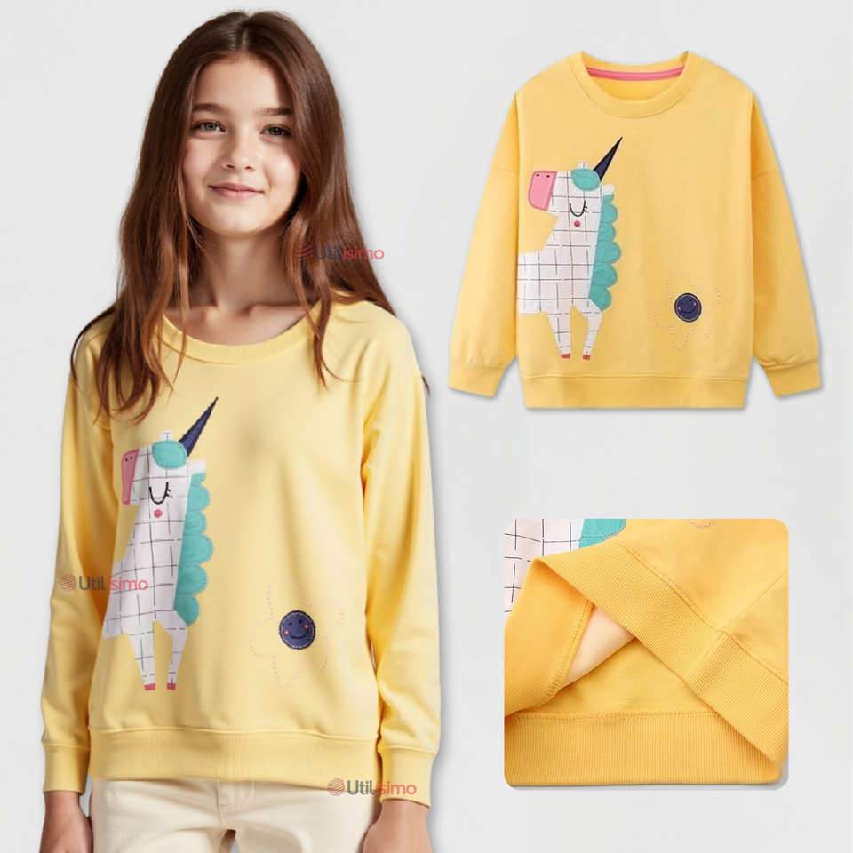 Polerón Algodón Cuello Redondo Niña Amarillo Unicornio