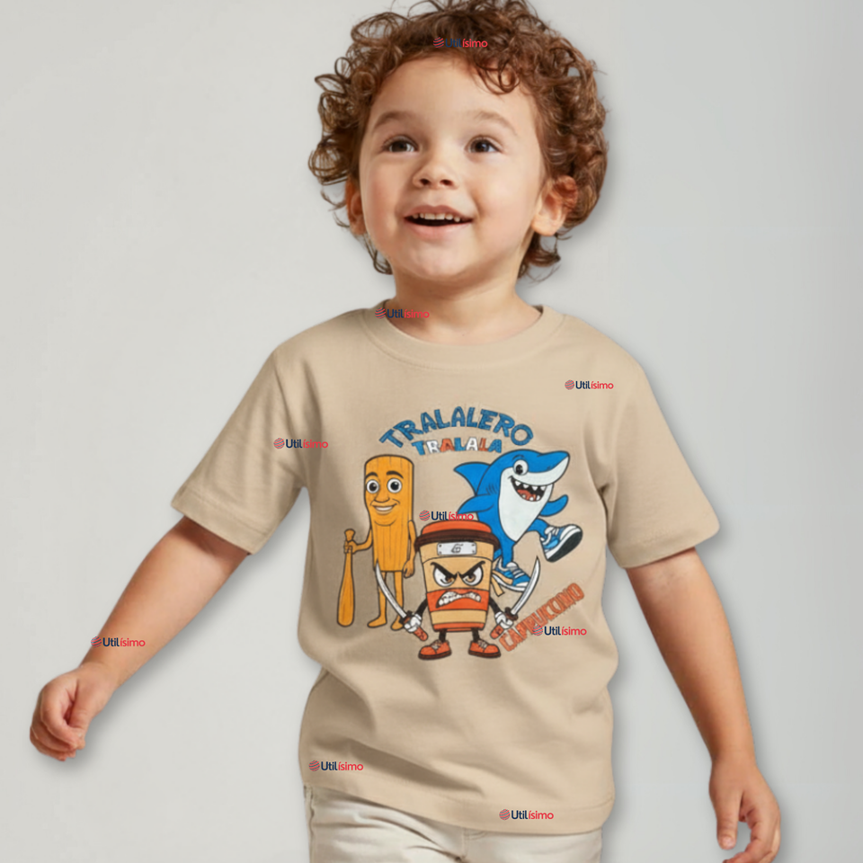 Polera Brainrots 100% Algodón Manga Corta Niño Tralalero Beige