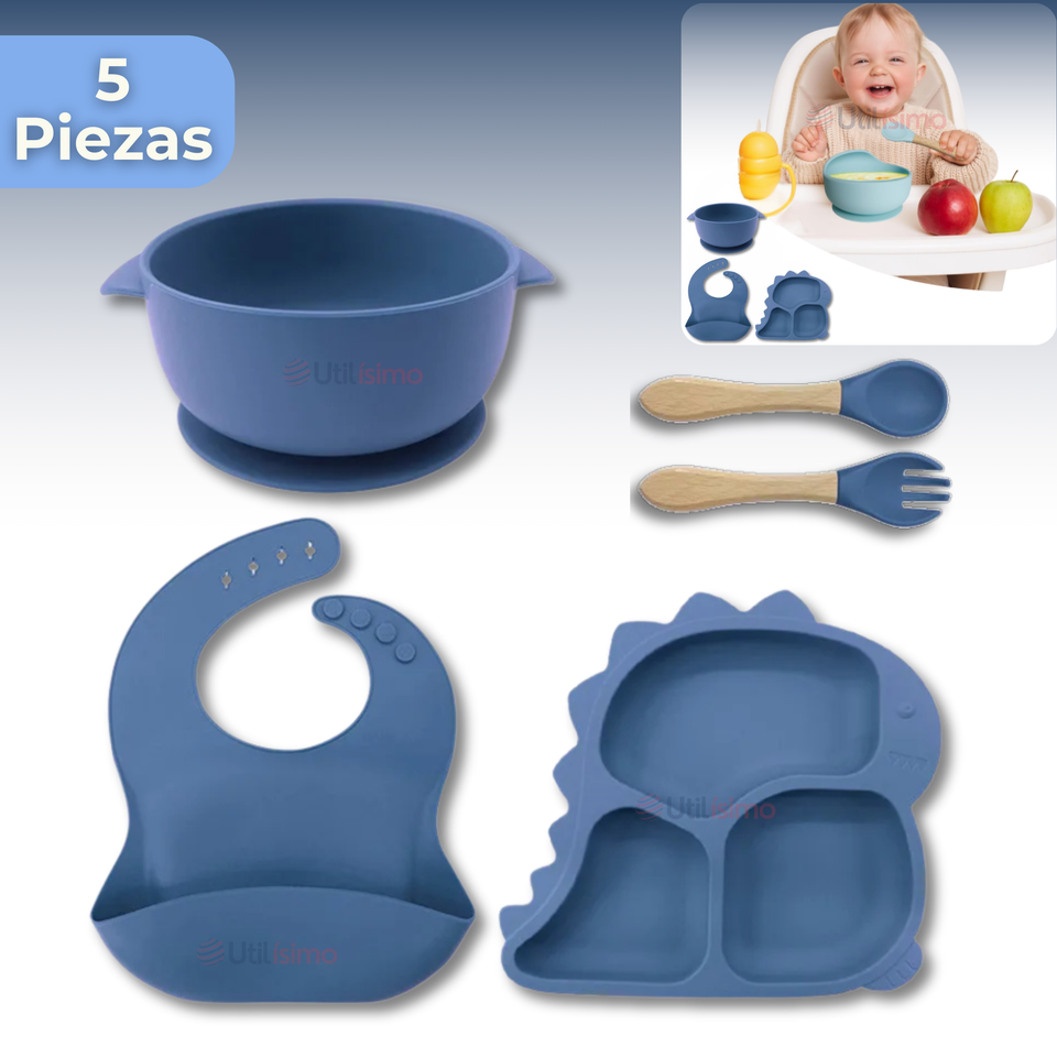 Set De Alimentación Bebé Silicona 5 Piezas Dinosaurio Libre BPA