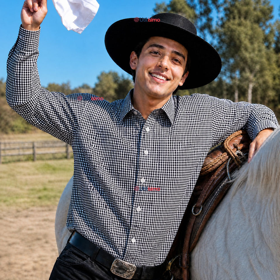 Camisa Cuadrille Huaso Hombre Blanco Azul  Regular Fit Fiestas Patrias
