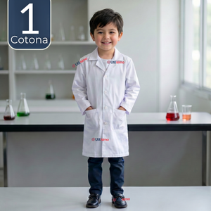 Cotona Delantal Blanca Escolar Colegio Unisex Niño Niña Manga Larga