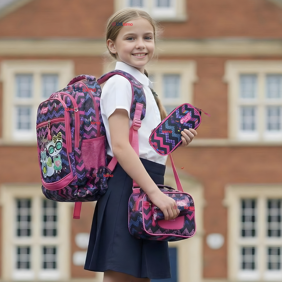 Mochila Escolar Bolso Con Estuche + Lonchera 45Cm Tela Oxford Niña Kitty Love