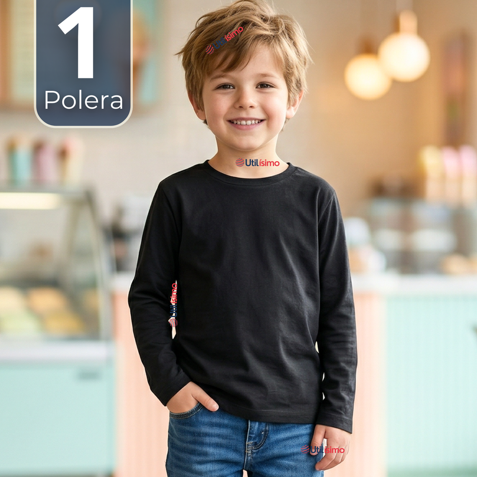 Polera Camiseta Bambú Negra Cuello Redondo Primera Capa Manga Larga Niño