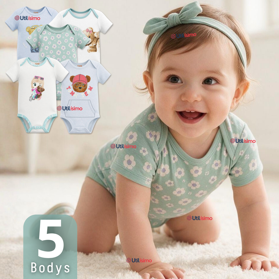 Pack 5 Bodys Manga Corta 100% Algodón Tedmimak Niña Cuddly Bears