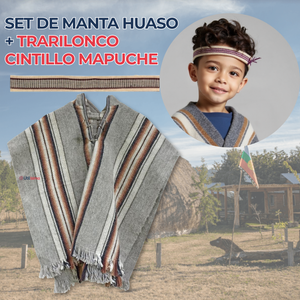 Set Poncho Manta Mapuche LANA GRUESO 85x55CM +TRARILONCO CINTILLO MAPUCHE 87CM Fiestas Patrias
