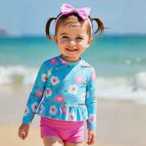 Traje De Baño Manga Larga y Pantalón Corto 2 Piezas Niña de 2 a 7 años Flowers