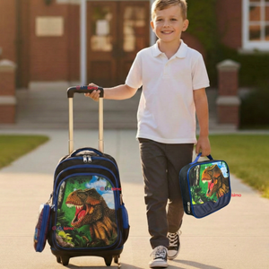 Mochila Escolar Con Ruedas + Estuche + Lonchera Poliéster Dinosaurio Niño