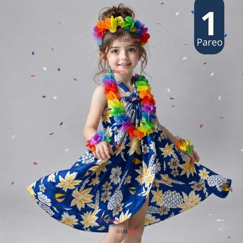 Traje Páscuense Pareo Hawaiano Azul Niña Con Accesorios