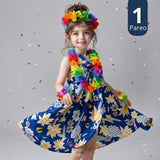 Traje Páscuense Pareo Hawaiano Azul Niña Con Accesorios