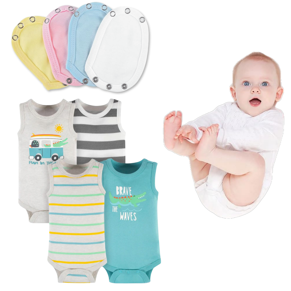 Pack 4 Unidades Extensor Body Bebé + Pack 4 Bodys Algodón Niño Sin Manga Cocodrilo Animado