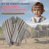 Set Poncho Manta Mapuche LANA GRUESO 60x35CM +TRARILONCO CINTILLO MAPUCHE 87CM Fiestas Patrias
