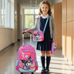Mochila Escolar Kuromi 3D Con Ruedas Desmontable + Estuche + Lonchera Poliéster Rosa Niña