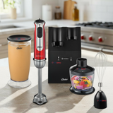 Batidora de inmersión Oster® roja con organizador y accesorios