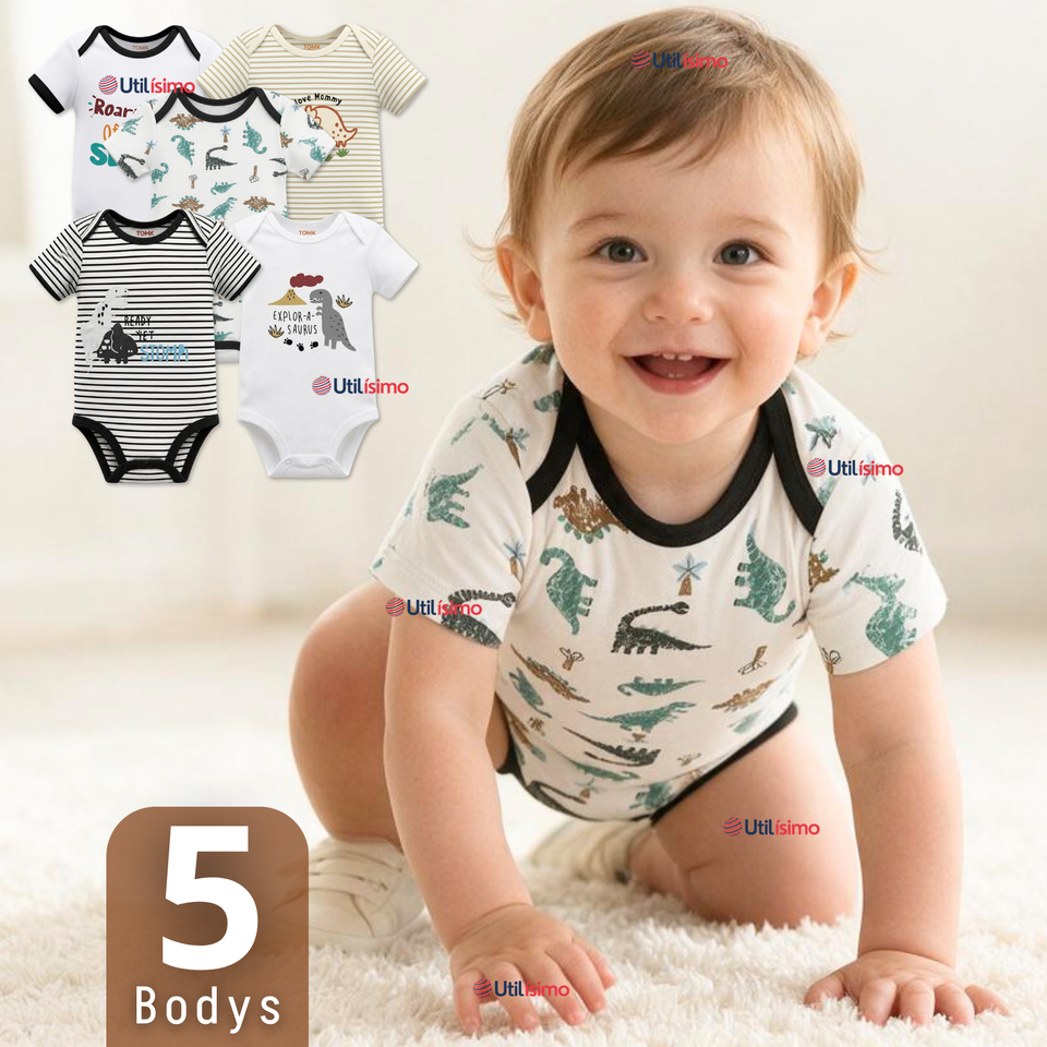 Pack 5 Bodys Manga Corta %100 Algodón Tedmimak Niño Dino Explorer