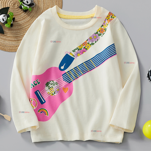 Polera Manga Larga Niña 100% Algodón Guitarra Blanco Camiseta
