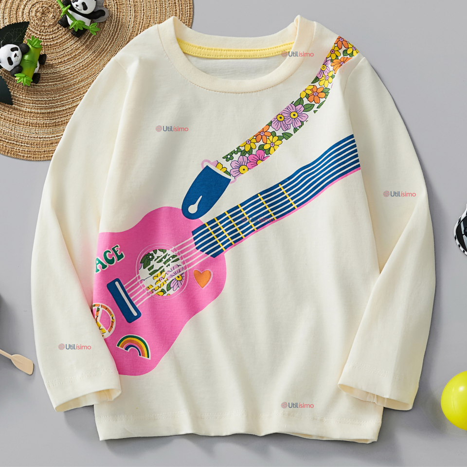 Polera Manga Larga Niña 100% Algodón Guitarra Blanco Camiseta