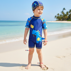 Traje de Baño Enterito Cremallera Manga Corta Con Gorro Niño 2 a 4 años Blue Dinosaur