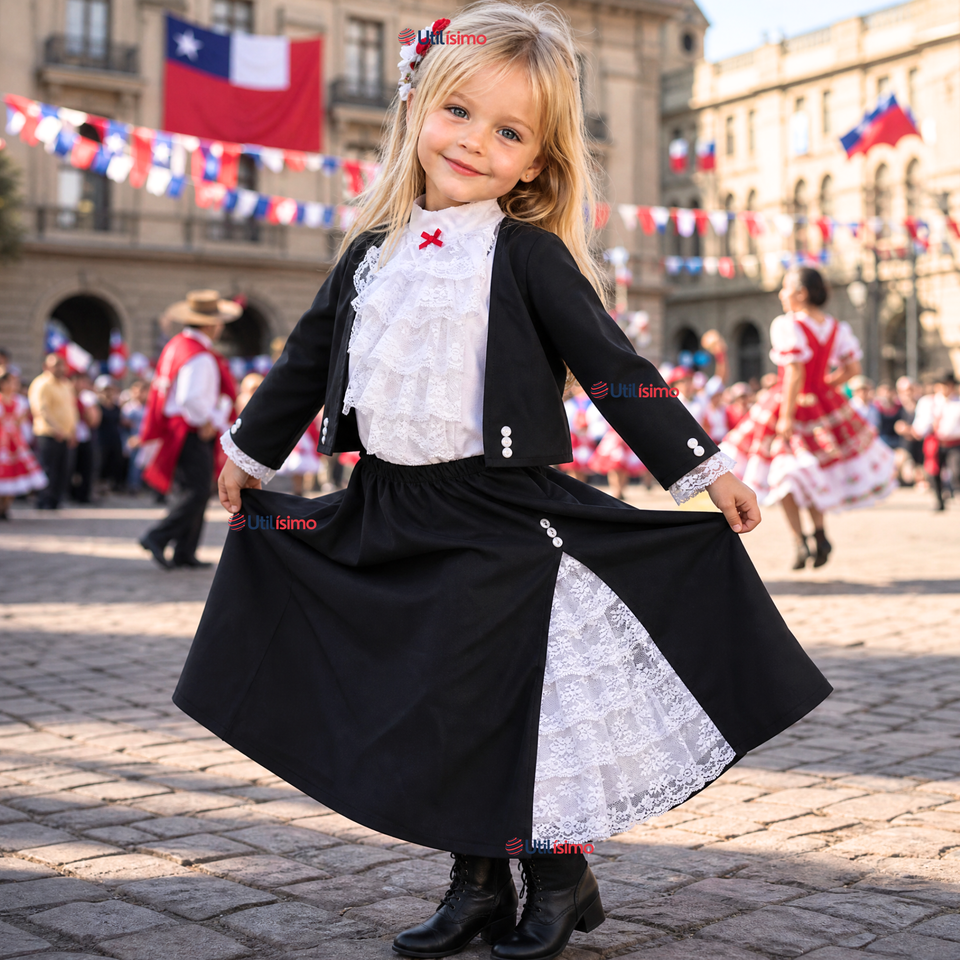 Traje Huasa Elegante NIña Conjunto 4 Piezas Tipico Fiestas Patrias
