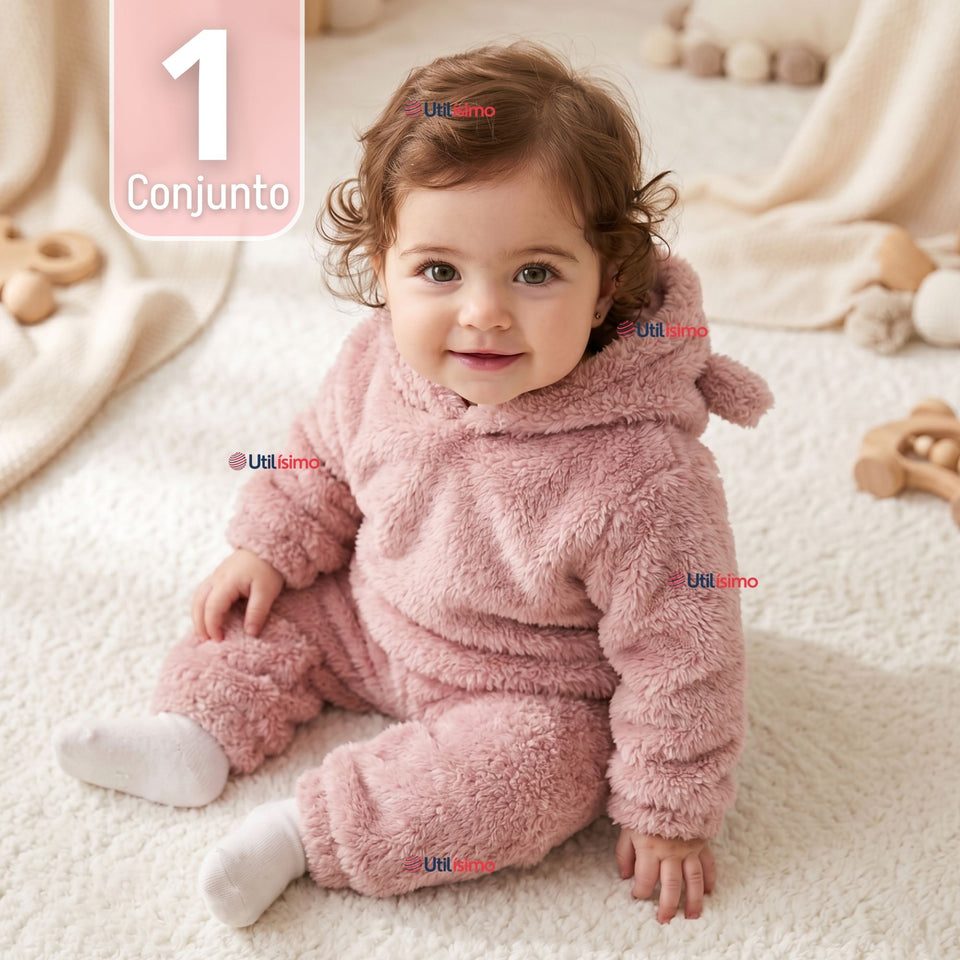 Buzo Polerón Conjunto Polar Niña Capucha Orejitas Rosa
