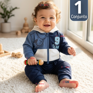 Conjunto 2 Piezas Buzo Pantalón Y Polerón Con Capucha De Algodón Azul Bebé Niño