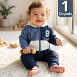 Conjunto 2 Piezas Buzo Pantalón Y Polerón Con Capucha De Algodón Azul Bebé Niño