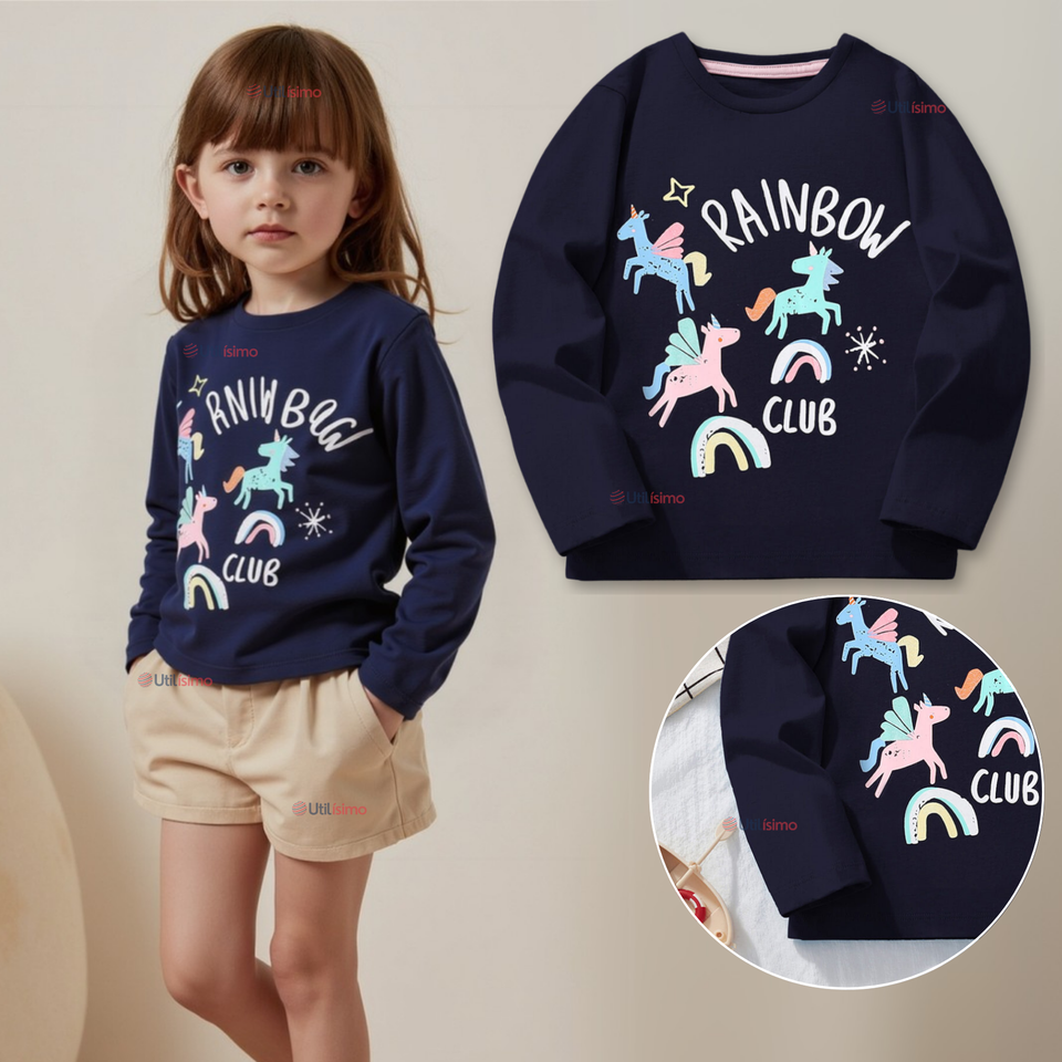 Polera Manga Larga Niña 100% Algodón Unicornios  Negro Camiseta