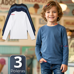 Pack 3 Poleras Camisetas Bambú Cuello Redondo Primera Capa Manga Larga Colores Surtido Niño