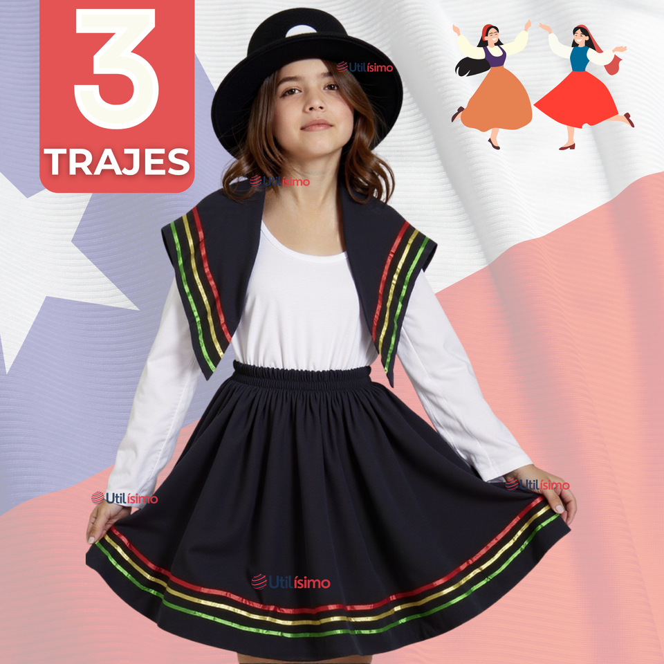 Pack 3 Traje Nortino Niña 3 Piezas Niña Fiestas Patrias Baile Nortino
