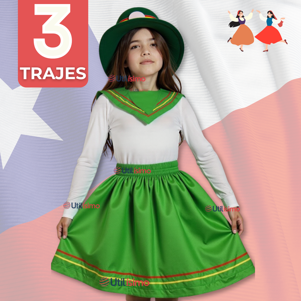 Pack 3 Traje Nortino Niña 3 Piezas Niña Fiestas Patrias Baile Nortino