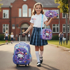 Mochila Hello Kitty Escolar Con Ruedas + Estuche + Lonchera Desmontable Poliéster Lila Niña