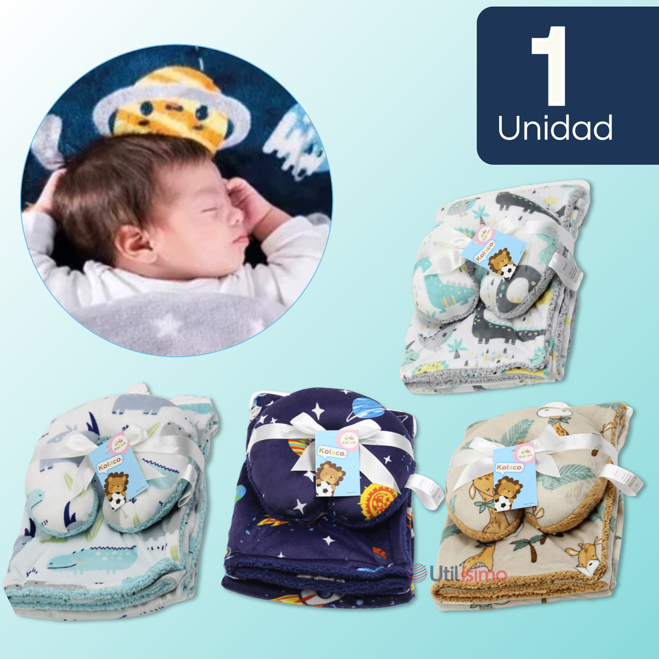 Set Manta Frazada Polar Para Bebé Niño + Cojín Para Cuello
