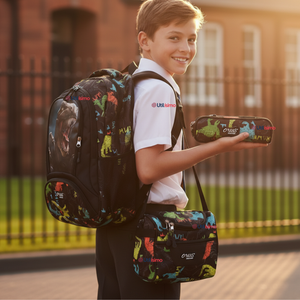 Mochila Escolar Kit Con Estuche y Lonchera 43cm Tela Oxford Dino Niño