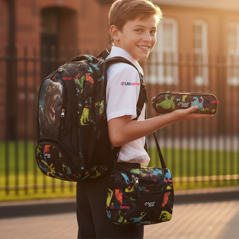 Mochila Escolar Kit Con Estuche y Lonchera 43cm Tela Oxford Dino Niño