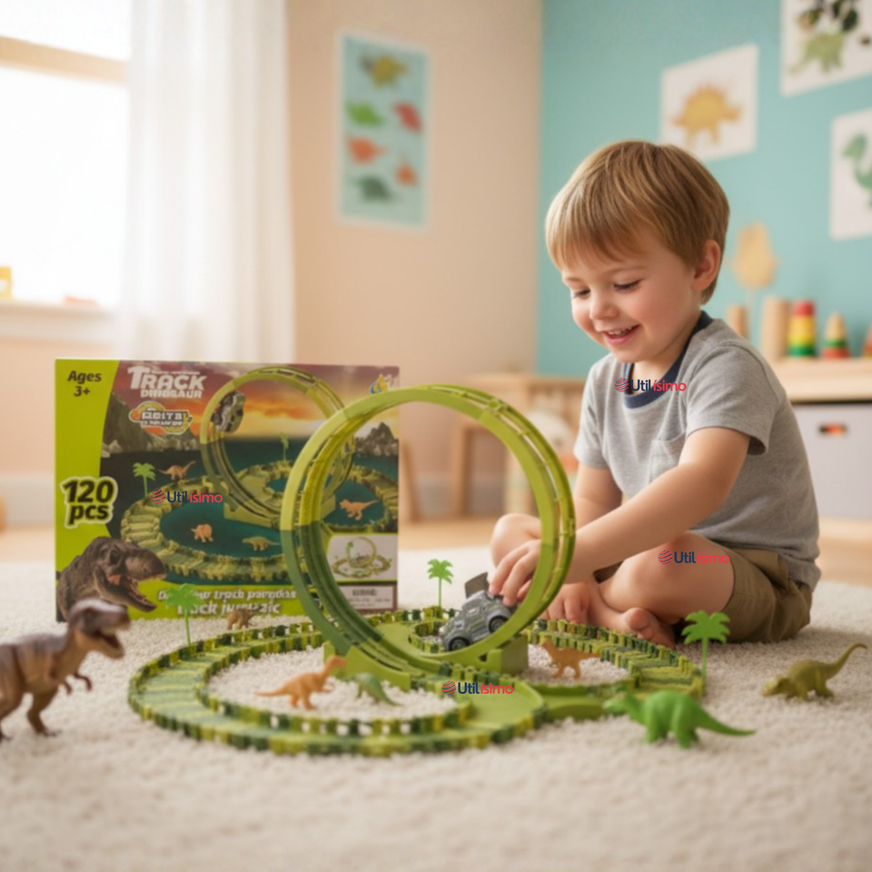 Pista Carreras de Auto Juguete Flexible Dinosaurio 120 Piezas