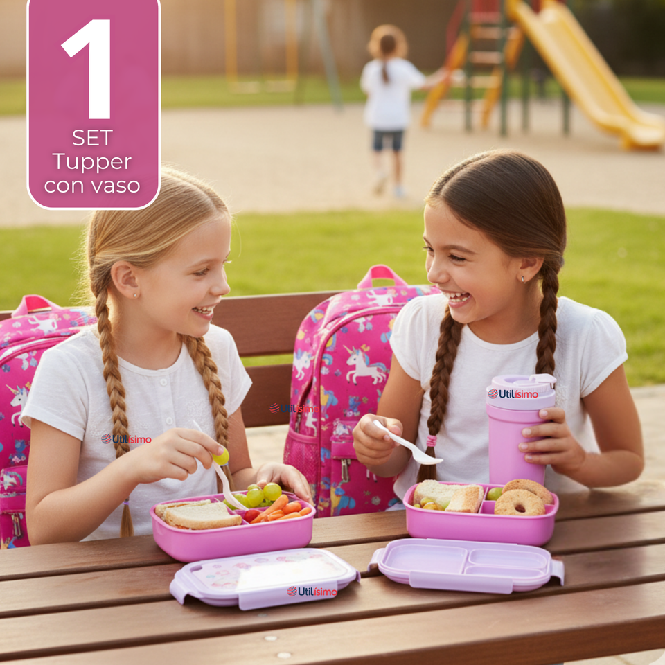 Set Fiambrera Tupper + Vaso Para Niños y Niñas Colores Varios Infantiles