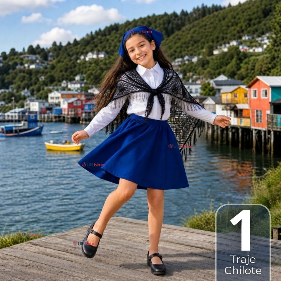 Traje Chilote Niña Azul Fiestas Patrias Con Camisa 4 Piezas Tradicional Chilota