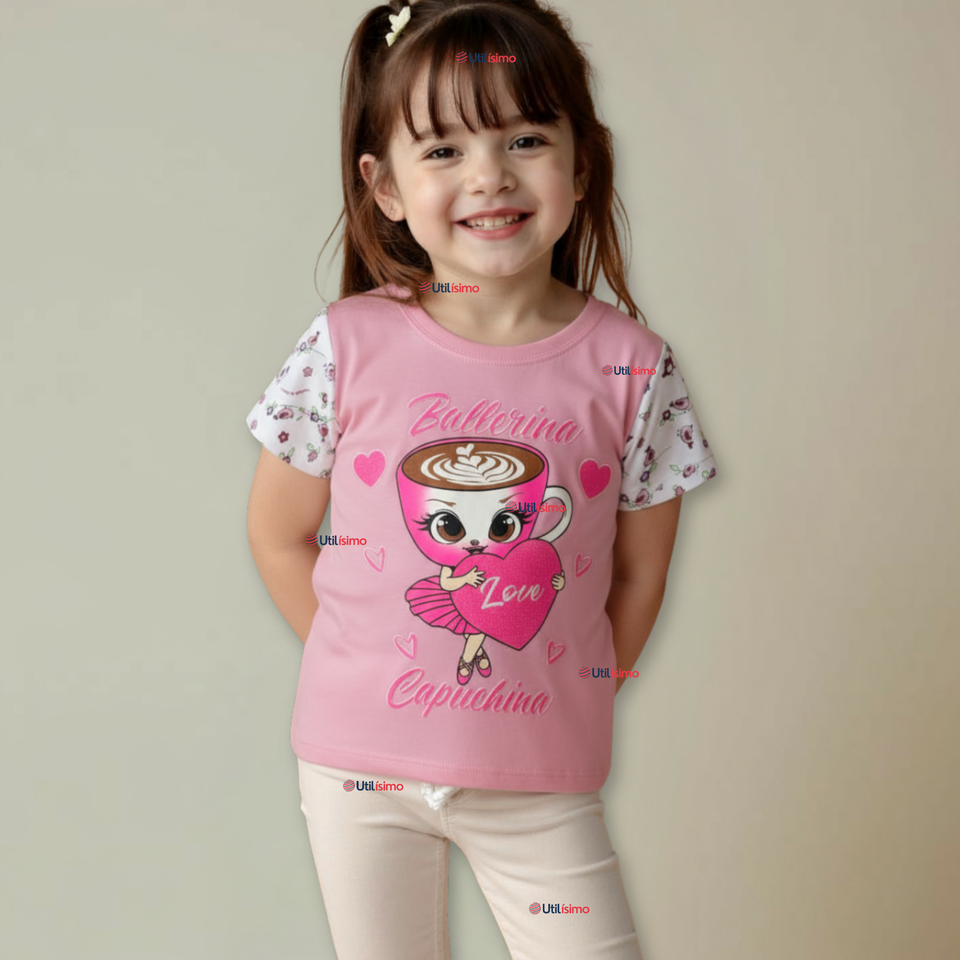 Polera Brainrots 100% Algodón Manga Corta Niña Tralalero Rosado