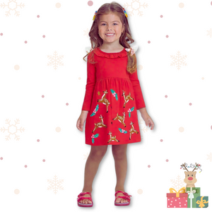 Vestido de Algodón Navidad Manga Larga Niña 2 a 7 años Ciervos Rojos